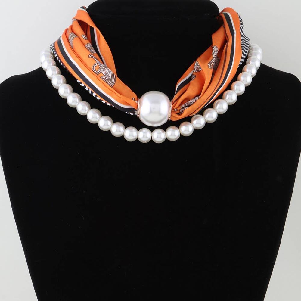Double Fabric Stone Beaded Choker Necklace – Orange